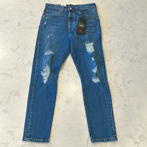 Levi's Premium 501 S Big E Women's Buttonfly Distressed Skinny Jeans Size 28x28 - Picture 1 of 16